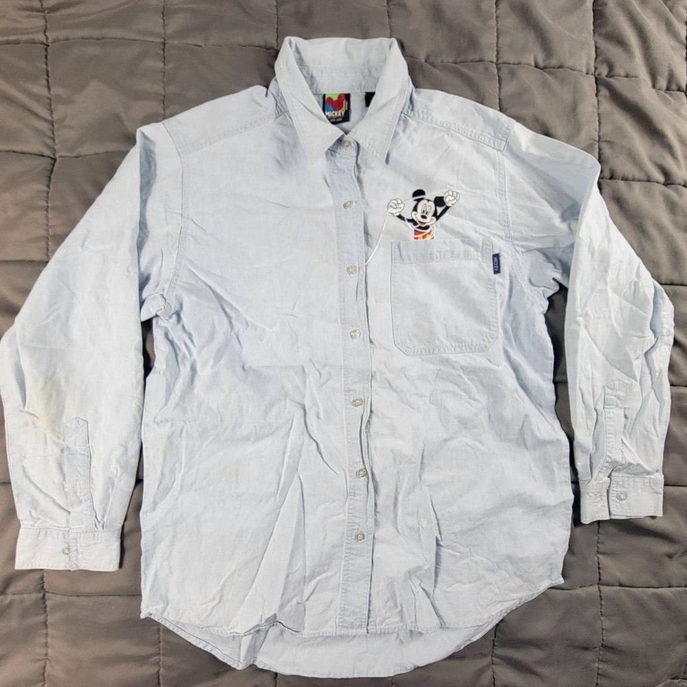Vintage Disney Mens Large Light Blue Button Shirt Long Sleeve Micky Mouse